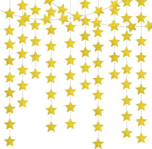 Glitter Gold Iridescent-Star-Garland 90FT – 240 Pcs Sparkling Star Streamers – Hanging Glitter Star Banner Backdrop for Birthday, Baby Shower, Wedding, Christmas Party Decorations (6 Packs)