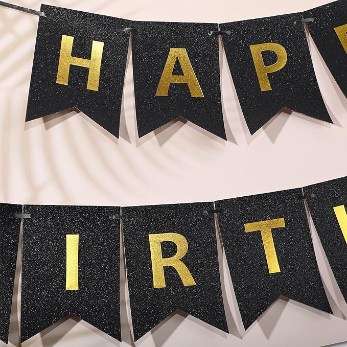 Clabby Glitter Black Happy Birthday Banner with Shiny Letters Happy Birthday Shiny Glitter Hanging Signs Bunting for Party Supplies Hanging Backdrop Decoration