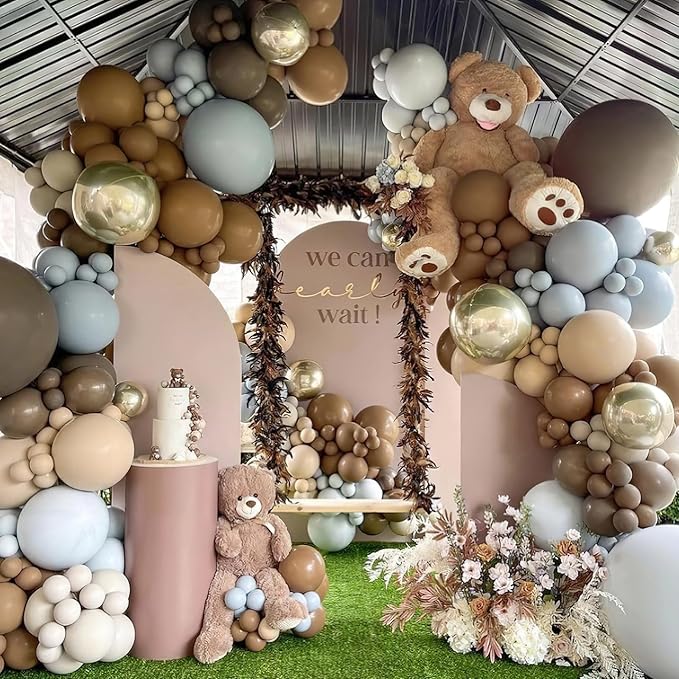 PartyWoo Brown Balloon Arch Kit Garland 142pcs Different Sizes of 18 12 10 5 Inch Dark Brown White Sand Beige Neutral Boho Fall Gold Confetti Balloons for Baby Shower Birthday Safari Party Decorations