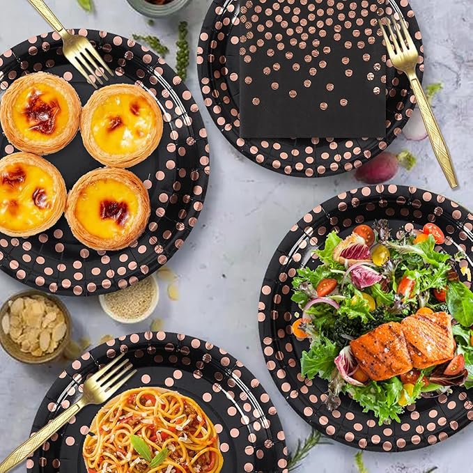 Black and Rose Gold Paper Tableware Set-150PCS-50 x 7''Dessert Plates & 50 x 6.5''Napkins & 50 x 7.3''Forks,Disposable Party Paper Plates and Napkins Supplies for Birthday,Anniversary,Retirement