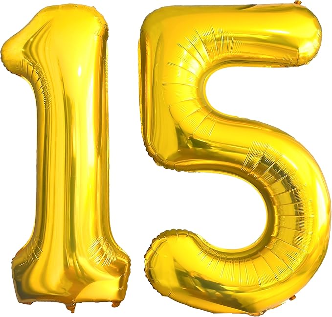 FIROMI 15 Number Balloons Gold Big Giant Jumbo Huge Foil Mylar 15 Balloon Numbers for 15th Birthday Party Anniversary Events Decorations 40-inches