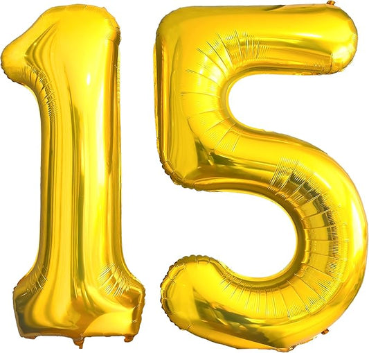 FIROMI 15 Number Balloons Gold Big Giant Jumbo Huge Foil Mylar 15 Balloon Numbers for 15th Birthday Party Anniversary Events Decorations 40-inches