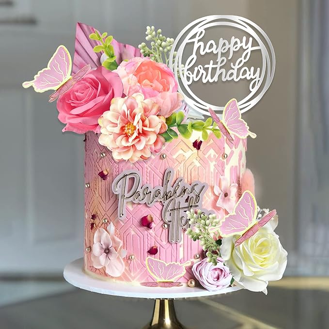 14 PCS Flower Cake Toppers Butterfly Cake Decorations Happy Birthday Cake Toppers with Artificial Pink Rose Flowers Eucalyptus Butterflies for Birthday Wedding Supplies (Pink)