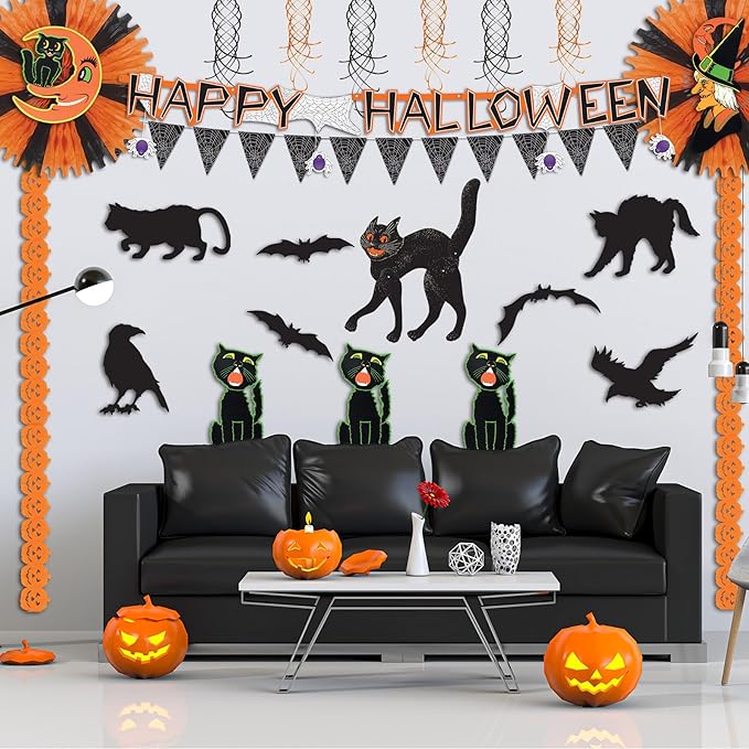 Beistle 2 Piece 20.5" Vintage Halloween Jointed Black Scratch Cats For Spooky Party Supplies, Made In USA Since 1900