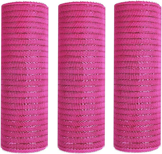 3 Rolls Hot Pink Deco Mesh Ribbon for Wreath Making Supplies, 10 Inch x 30FT Metallic Foil Burlap Deco Mesh Fabric for Easter Valentines Day Christmas New Year Wreath Swags and Decorating