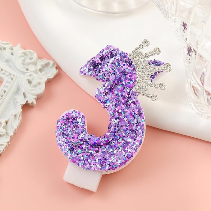 Birthday Number Candles,Purple Crown Birthday Candles for Cake,Glitter Number 3 Candle Cake Topper with Sequins for Anniversary Celebrations Supplies