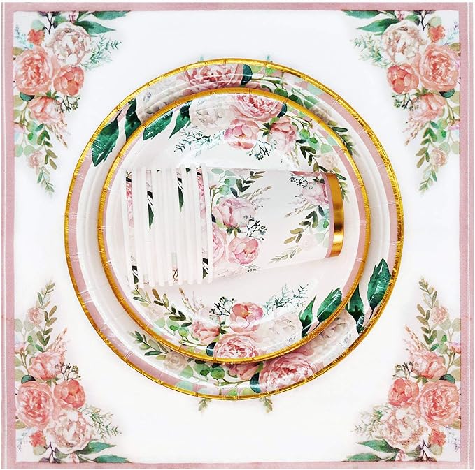 Boosolo Floral Party Supplies paper plates and Napkins Sets for 24 Guest-Include Floral Disposable Paper Plates,Cups,Napkin forr Bridal Shower,Birthday,Wedding,Bachelorette party Supplies