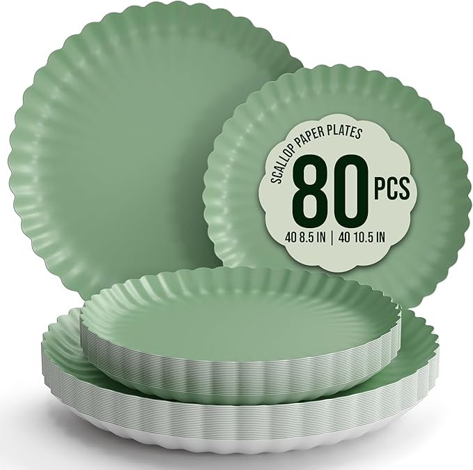 Trendables Floral Paper Plates 8.5 Inch & 10.5 Inch 80 Pcs Dinner Plate Set Fancy Disposable Plates for Party for 40 Guests 40 X 8 & 40 X 10 Large & Small Paper Plate Set for Parties Matcha