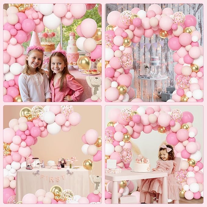 Amandir 144Pcs Pink Balloons Garland Arch Kit Light Pink Gold White Confetti Latex Metallic Balloons for Mothers Day Girl Birthday Baby Shower Wedding Graduation Party Decorations Supplies