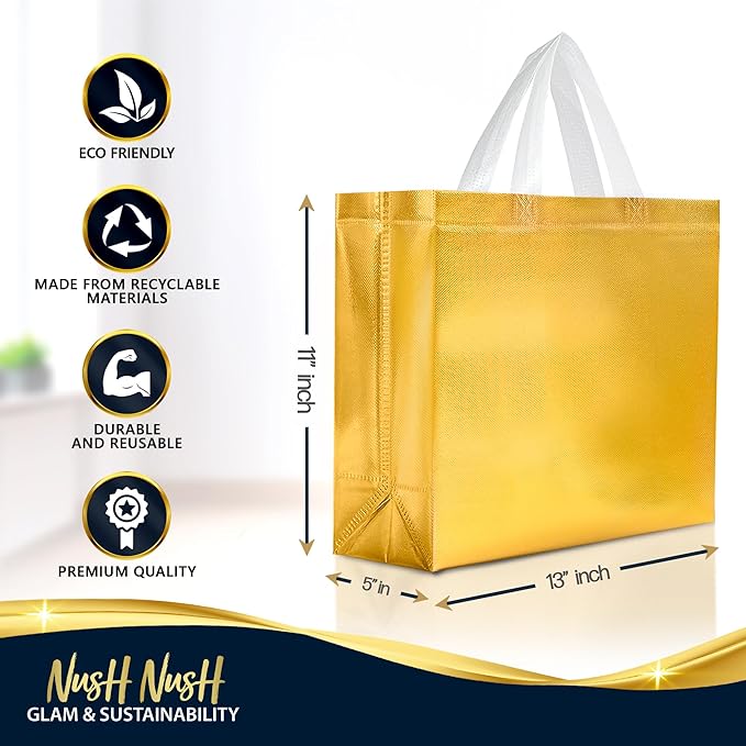 Nush Nush Set of 30 Mix Color Gift Bags In Bulk With 10 Rose Gold, 10 Silver, 10 Gold gift bags With Handles - Party Favors Bags For Small Business, Gifting Events, Christmas, Birthdays - 13Wx5Dx11H
