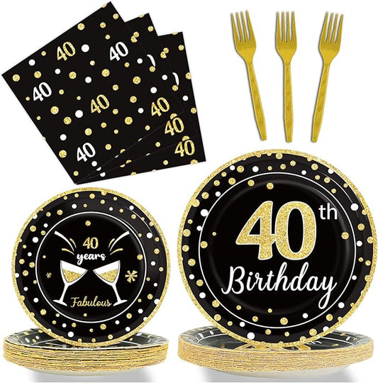 96 Pcs 40th Birthday Plates and Napkins Party Supplies Black Gold Happy Forty Theme Tableware Set 40th Birthday Decorations Favors for Men and Women Serves 24