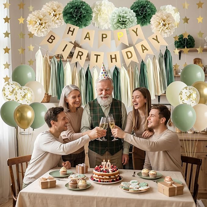 ANSOMO Sage Green Happy Birthday Party Decorations Retro Green Nude Ivory Dark Olive Kraft Paper Banner Balloons Neutral Rustic Boho Blush Safari Botanical Greenery Wild Décor Supplies Women Adults