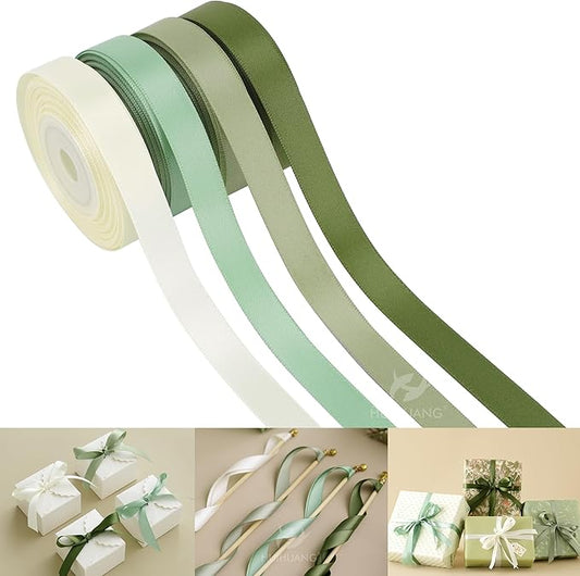 HUIHUANG Sage Green Satin Ribbon 1/2 inch x 4 Rolls Ivory/Sage/Dusty Sage/Moss Green Ribbon for Gift Wrapping DIY Crafts Hair Bows Flower Bouquets Wedding Decor- Total 40 Yards