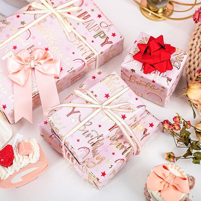 MAYPLUSS Pink Foil Happy Birthday Wrapping Paper Roll, Chic Metallic Rainbow and Star Gift Wrap for Girl Baby Shower Party(17 Inch x 33 Feet)