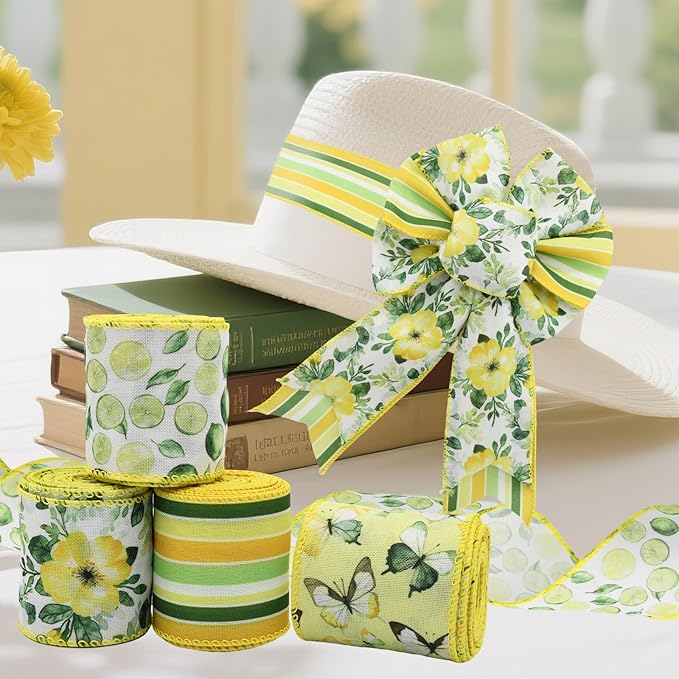 4 Rolls Floral Wired Edge Ribbon – Spring Summer Yellow Grosgrain with Butterfly, Lemon & Flower Motifs for Gift Wrapping, Wedding Decor, DIY Crafts (2.5 Inch, 5 Yards Each)