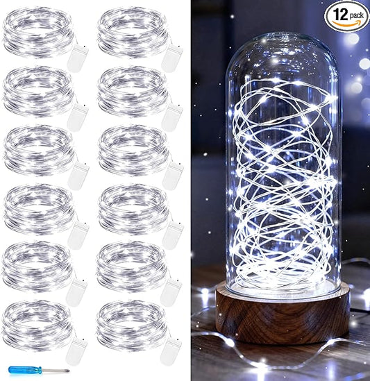 VOOKRY 12 Pack Fairy Lights Battery Operated, 30 LEDs Mini Starry String Lights 10 ft Silvery Copper Wire Lights, Works for DIY Wedding Centerpiece, Party,Table, Christmas Decorations(Cool White)