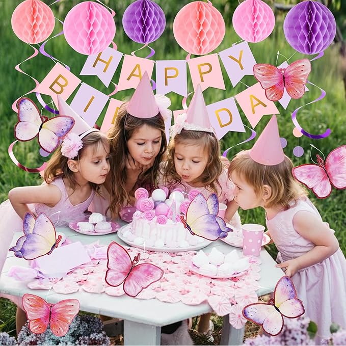 meowtastic Birthday Decorations, Happy Birthday Banner with Honeycomb Balls, Butterfly Hanging Swirl Streamers, Circle Dots Garland, Happy Birthday Party Decorations for Women Girls (Purple&Gold)