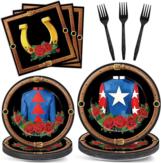 100Pcs Derby Day Party Plates Horse Racing Party Supplies Race Days Jockey Attire Disposable Tableware Set Racing Horse Roses Dinnerware for Derby Day Celebrations Parties Supplies Serves 25
