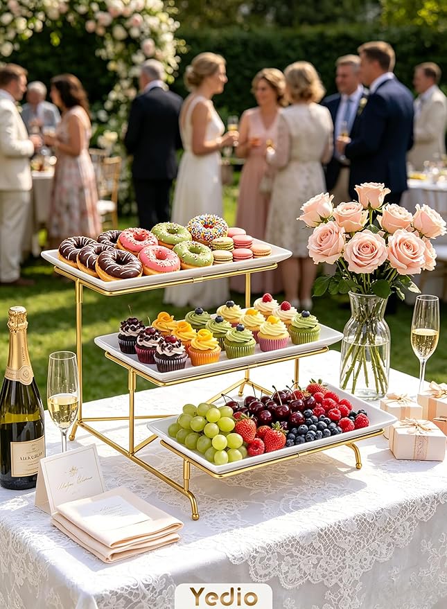 3 Tier Serving Tray Set Porcelain Tiered Serving Platters, Collapsible Sturdier Stand with Stable Cross Bars, 12 Inch Three Layer Serving for Party Entertaining Food Display Fruit Dessert