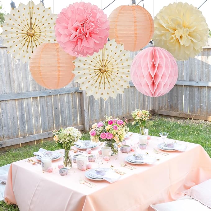 Pink Peach Gold Party Decorations - 14pcs Bridal Baby Shower Girls Birthday Paper Lanterns Fan,Tissue Pom Poms Streamers,Honeycomb Balls,Engagement Wedding Bachelorette Brunch Decor Lasting Surprise