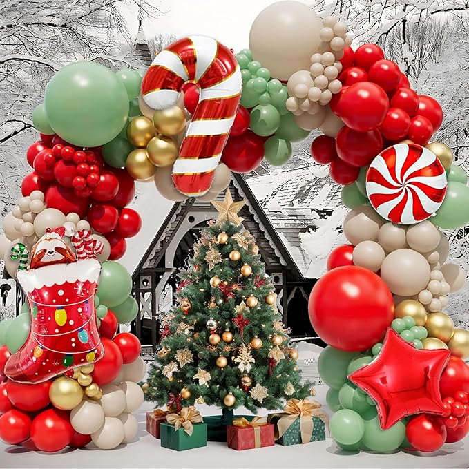 Christmas Balloon Arch Garland Kit 159pcs Red Sage Green Gold Balloons With Candy Cane Swirl Christmas Stocking Foil Balloons Friendsmas Santa Ugly Sweater Party Decorations