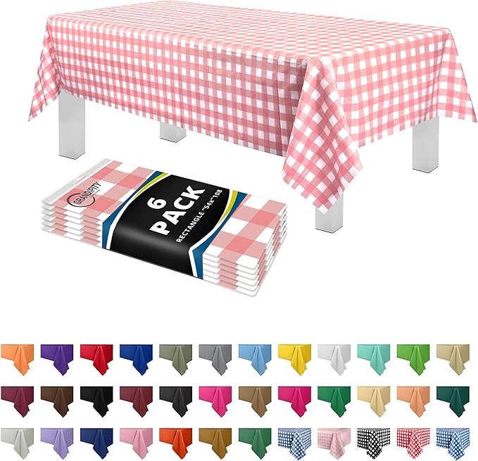 Grandipity Pink Gingham Checkered Plastic Table Cloth Disposable (6 Pk) 54in x 108in Plastic Tablecloths for Rectangle Tables - Premium Party Table Cloths Disposable for 6ft to 8ft Rectangle Tables