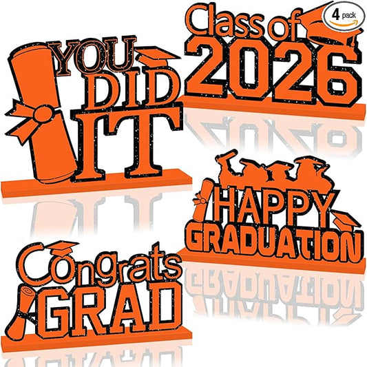 4Pcs Orange and Black Graduation Decorations Class of 2026 Congrats Grad Wooden Table Centerpieces Grad Table Decorations for Graduation Centerpieces