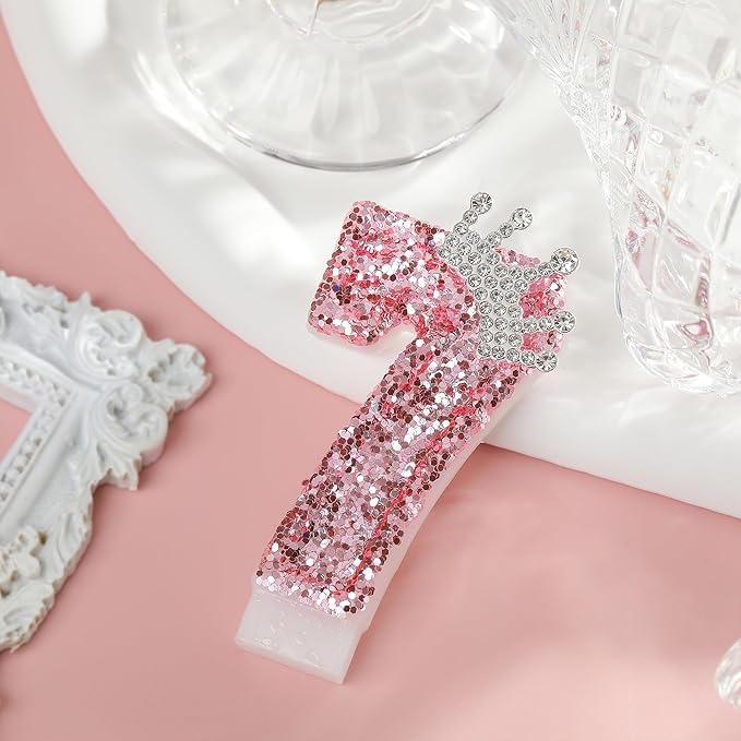PHD CAKE Birthday Number Candles,Pink Crown Birthday Candles for Cake,Glitter Number 7 Candle Cake Topper with Sequins for Girls,Women, Anniversary Celebrations Supplies