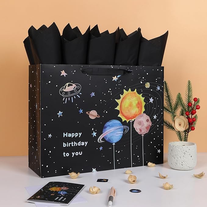 Qirrmiy 16.5” Extra Large Space Birthday Gift Bag Set with Handles, Greeting Card, Black Tissue Papers and Stickers for Boys Teens for Baby, Kids‘ Birthday Party, Newborn, 1 Pcs
