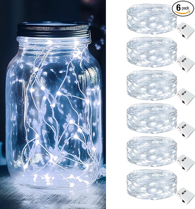 kolpop 6 Pack LED Fairy Lights Battery Operated, Mini Twinkle String Lights Battery Powered Waterproof for Christmas Mason Jars Party,Cool White