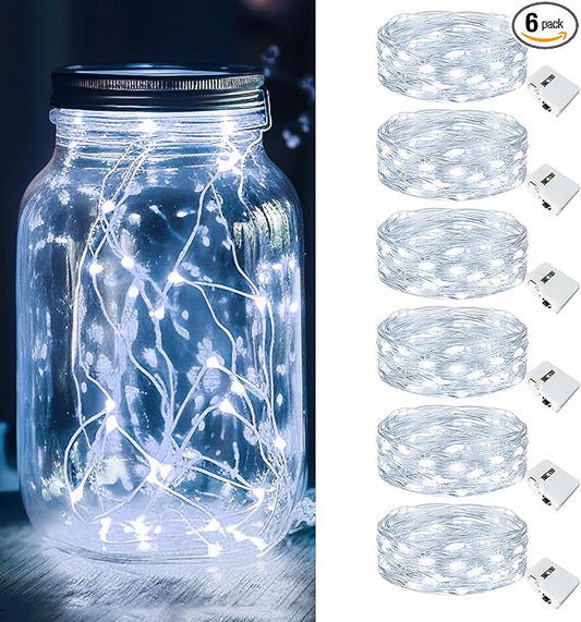 kolpop 6 Pack LED Fairy Lights Battery Operated, Mini Twinkle String Lights Battery Powered Waterproof for Christmas Mason Jars Party,Cool White