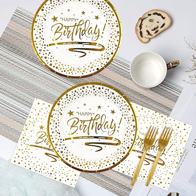 72PCS Happy Birthday Plates and Napkins Party Supplies, White Gold Dot Paper Plates and Napkins with Forks Disposable Tableware Set for Birthday Party Decorations, Serves 24
