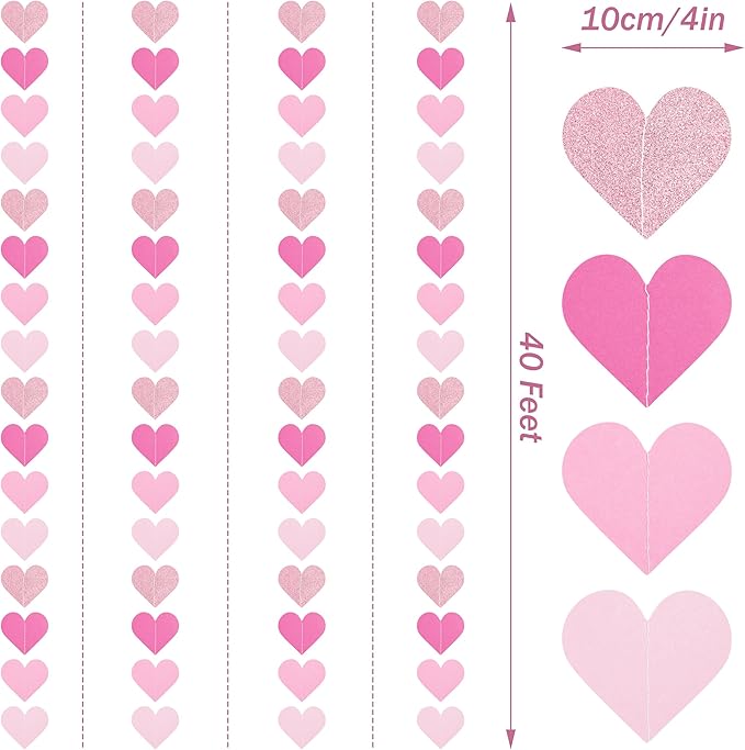 40 Feet Hot Pink Birthday Banner Streamers Heart Valentines Day Garland Paper Banner Hanging Party Supplies, Special Hanging Party Wedding Bachelorette Engagement Baby Shower Decorations