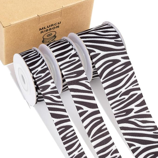 Zebra Ribbon Set 3 Rolls Animal Print Grosgrain Ribbons 5/8", 7/8", 1.5", Jungle Safari Printed Ribbon for Crafts, Gift Wrapping, Flower Bouquet, Wreath & Bows Making, Gift Bags Decor