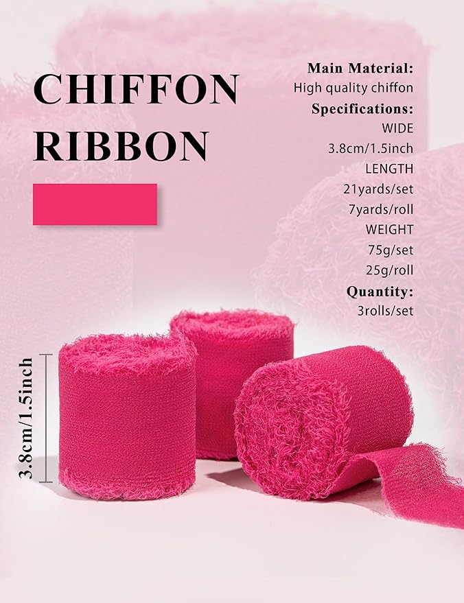 Chiffon Ribbon, Hot Pink Silk Ribbons, Pink Party Decoration, 1.5''x21Yd Handmade Frayed Fringe Ribbon for Wrapping, Floral Vase, Craft, Birthday, Engagement, Wedding, Mother's Day, 3 Rolls