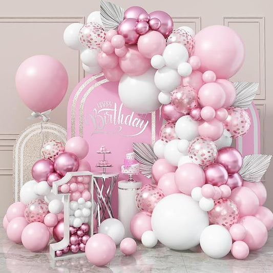 Pink and White Balloon Arch, Light Pink White Party Balloons Pastel Baby Pink Balloon Garland Kit White Pink Metallic Latex Helium Balloons for Birthday Baby Shower Girl Christening Party Decorations