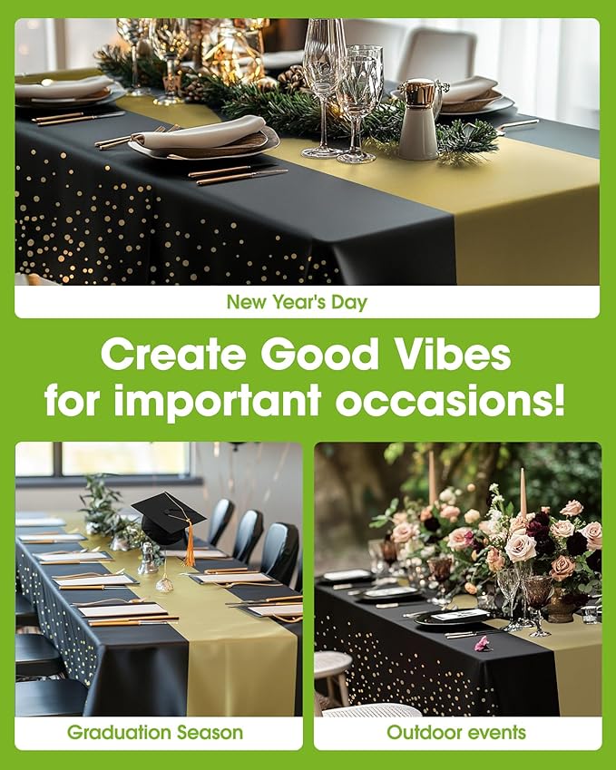 Pureegg Plastic Table Cloth Disposable 8 Pack, 54 x 108 Inch, Table Runner Style, Graduation Decorations 2026, Party Tablecloths, Rectangle, Plastic Cover, Leakproof & Sturdy, Black Gold