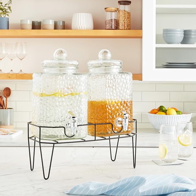 Style Setter Premium Glass Drink Dispensers with Metal Stand for Parties – Beverage Dispenser Set for Cold Drinks, Lemonade, Cocktails, Juice – Party Glass Drink Dispenser Station - 1.5 Gal, Set of 2