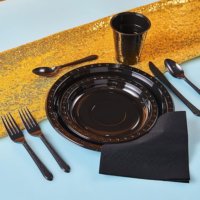 175 PCS Black Party Supplies Disposable Dinnerware Set Plastic Plates and Paper Napkins Cups Silverware Serve 25 Sets for Birthday Bridal Shower Wedding Engagement Graduation Parties