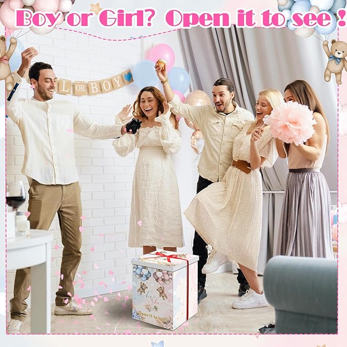 Hungdao Gender Reveal Balloon Box with Ribbon and 10 Pink and Blue Balloons Gender Reveal Games He or She Open to See for Party Decoration 12"x12"x16"(Boho Bear)