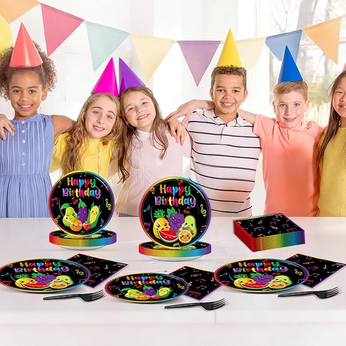 100Pcs Dancing Fruit Party Decorations Sensory Fruit Paper Plates and Napkins Dancing Fruits Themed Disposable Tableware Set for Summer Fruits 1st Birthday Baby Shower Party Supplies Serves 25