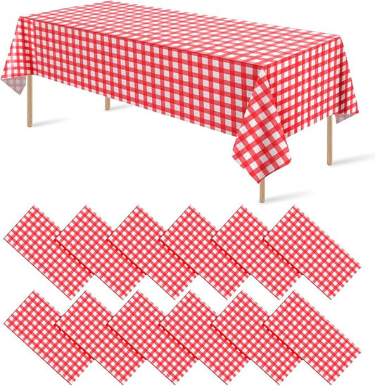 12 Pack Red and White Plastic Checkered Tablecloth, Premium Decorative Disposable Red Gingham Plaid Table Cloths for Parties, Rectangle Party Table Cover for Picnic Farm Birthday Wedding, 54x108 Inch