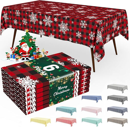 Smiry 6 Pack Gingham Disposable Table Cloth, 54 x 108 Inch Waterproof Plastic Tablecloth, Rectangle Red Checkered Snowflake Table Covers for Christmas, Birthday, Party, Banquet