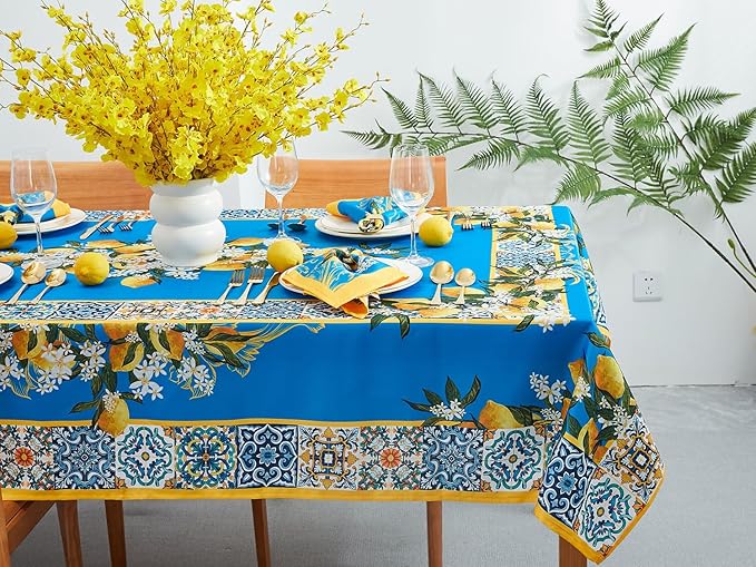 YiHomer Provence Blue Lemon Mediterranean Tile Tabletop for Spring Summer Decorations, Picnics and Dinner Parties - Indoor Outdoor, Stain and Water Resistant, Tablecloth, 60 x 102 Rectangle