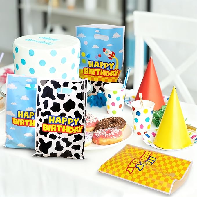 Bsenhe 60PCS Cartoon Goodie Bags, Cartoon Birthday Party Favor Gift Bags Blue Sky White Cloud Cow Plastic Candy Bags for Themed Party with Handle