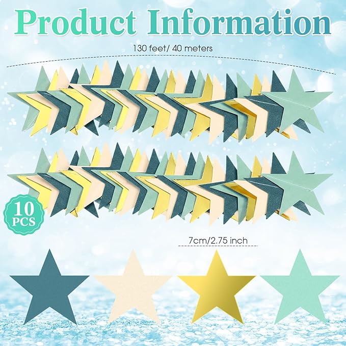 Patelai 130 Feet Glitter Star Garland Banner 2026 Party Decoration Double Side Star Hanging String Streamer Paper Twinkle for Graduation Wedding Birthday (Dark Green,Gold,Yellow,Light Green,Apricot)
