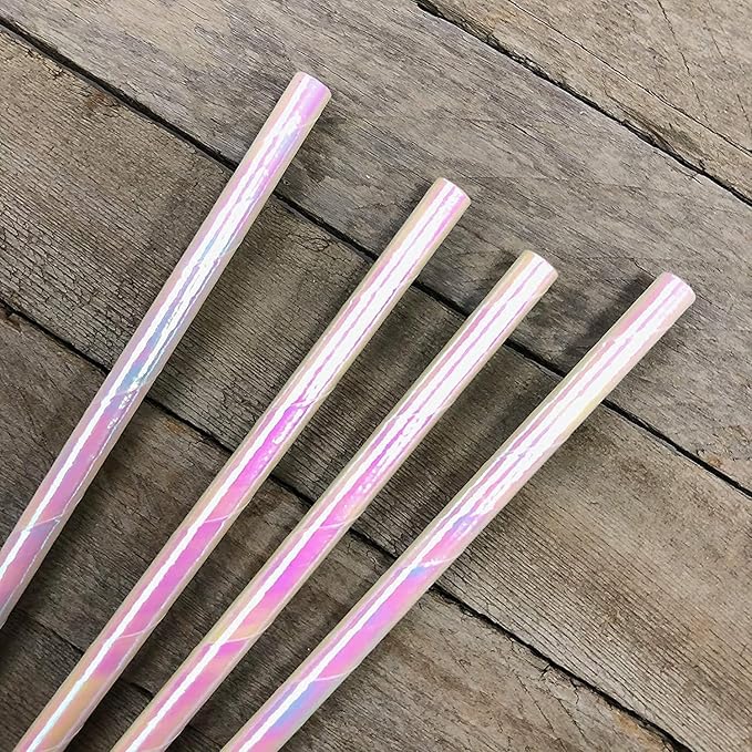 N//C Iridescent White Papers Straws, 7.75'' Cocktail Drinking Straws For Party Pack Of 100