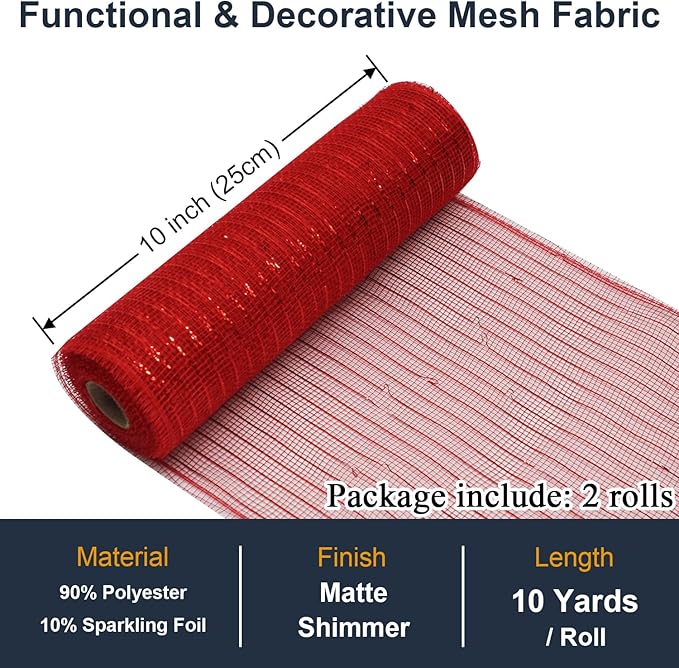 2 Pcs Red Deco Mesh Ribbon Rolls 10 Inch 10 Yards(30 ft) Decorative Mesh Fabric with Foil for Wreaths Christmas Tree Ribbon Door DIY Craft Halloween Decor Wedding Party Supplies (Red, 2Pcs)