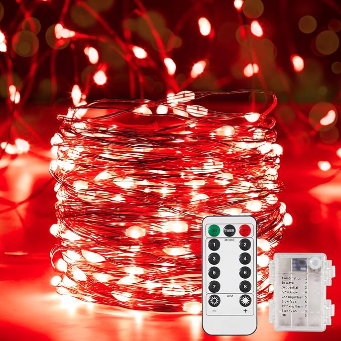 Ariceleo 4 Pack 16.4 Ft. Battery Operated Outdoor String Lights with Remote & Timer, LED Red Fairy Lights, Waterproof Twinkle Lights for Bedroom, Dorm, Mason Jar, Wedding, Party, Christmas