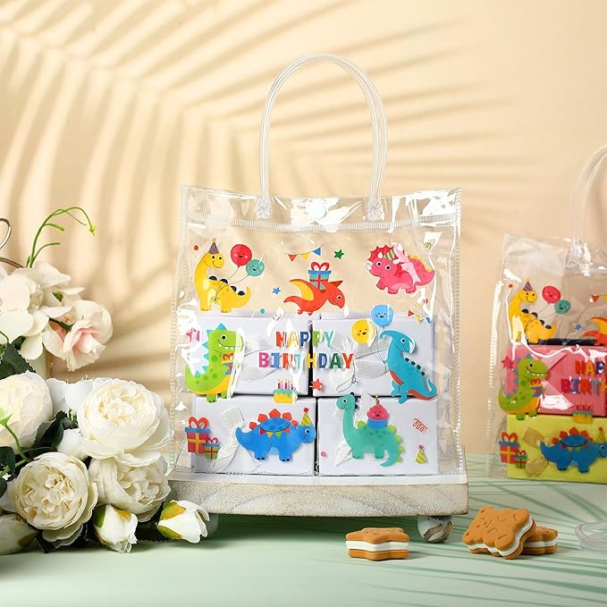 Supervitae 36 Pcs Dinosaur Clear Favor Bags with Handle Reusable Plastic PVC Gift Bag Animal Goodies Treats Wrap Totes for Birthday Party Supplies, 8 x 8 x 3.15 Inch